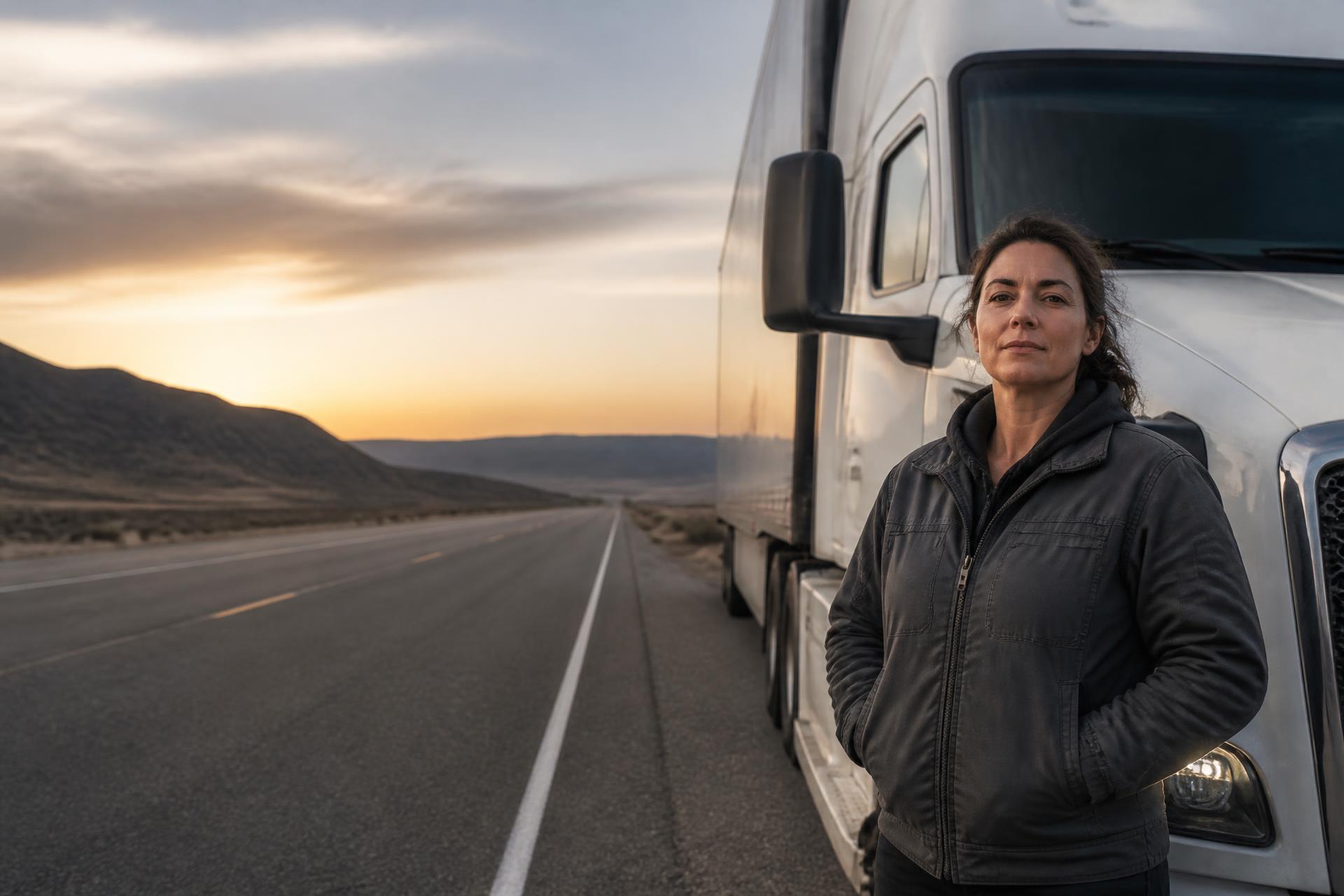A professional woman truck driver standing beside a modern semi-truck on an open highway at sunrise