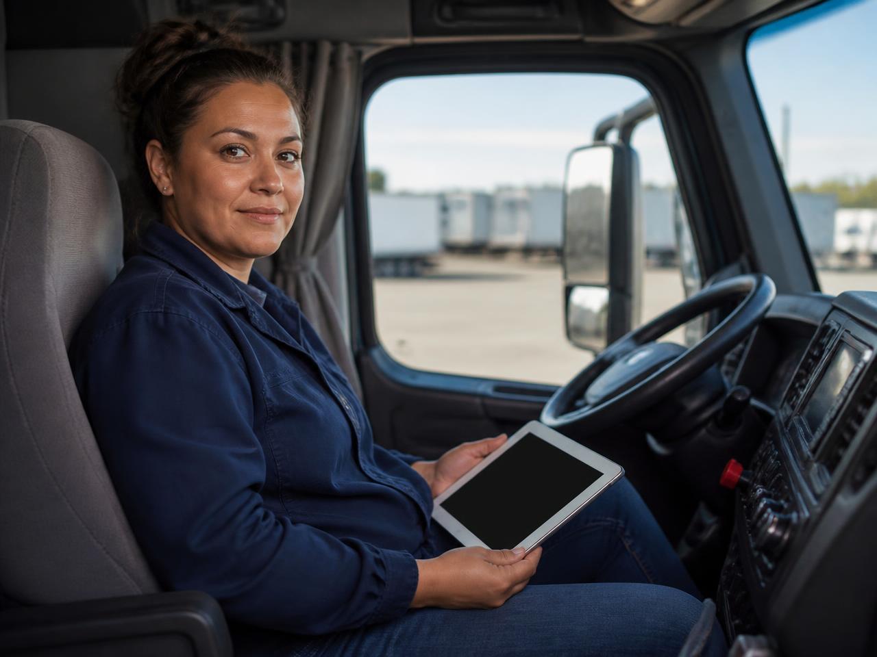 A woman truck driver using a mounted tablet inside the cab at dusk