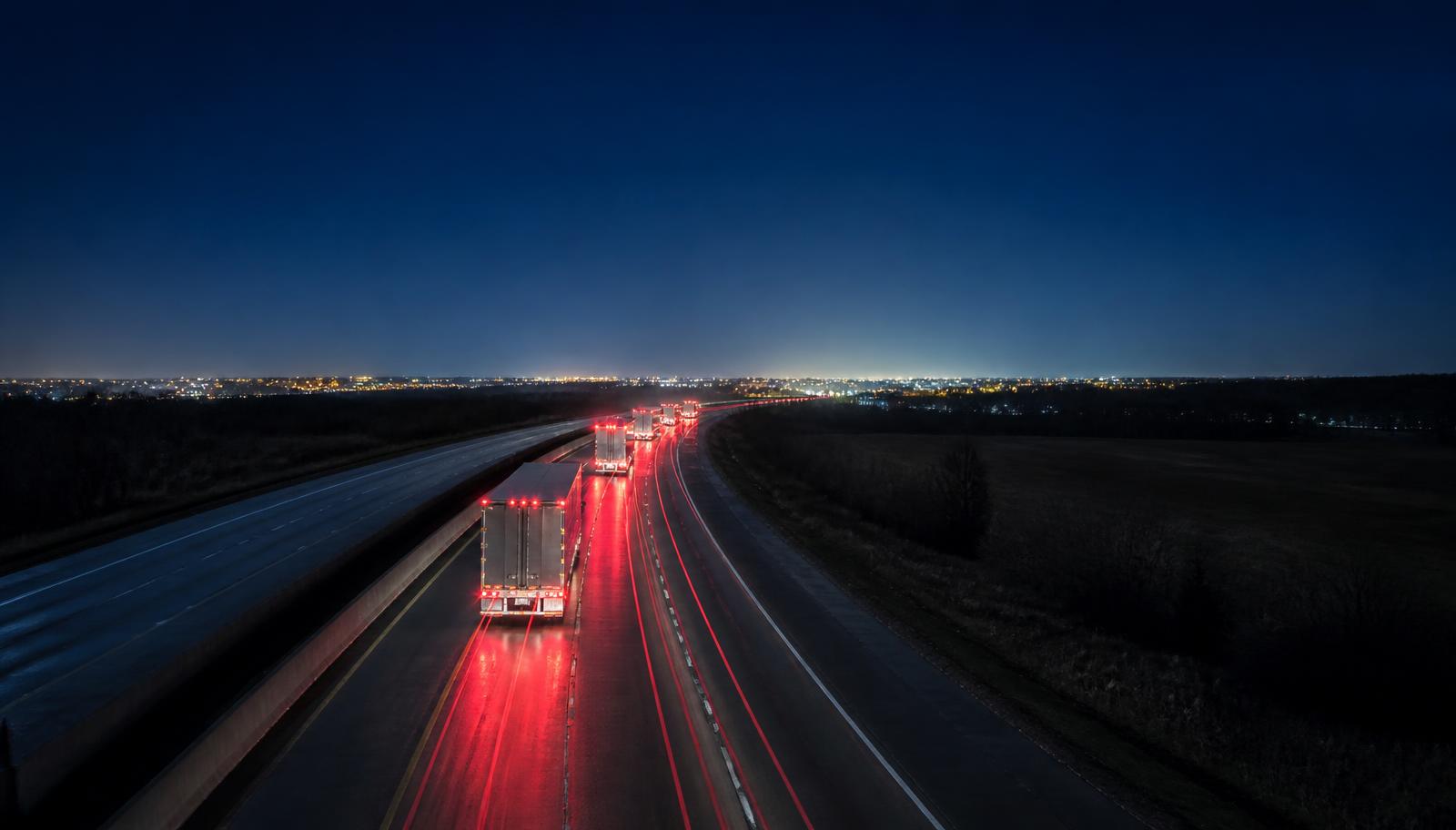 Semi-trucks travelling a highway at night with long light trails